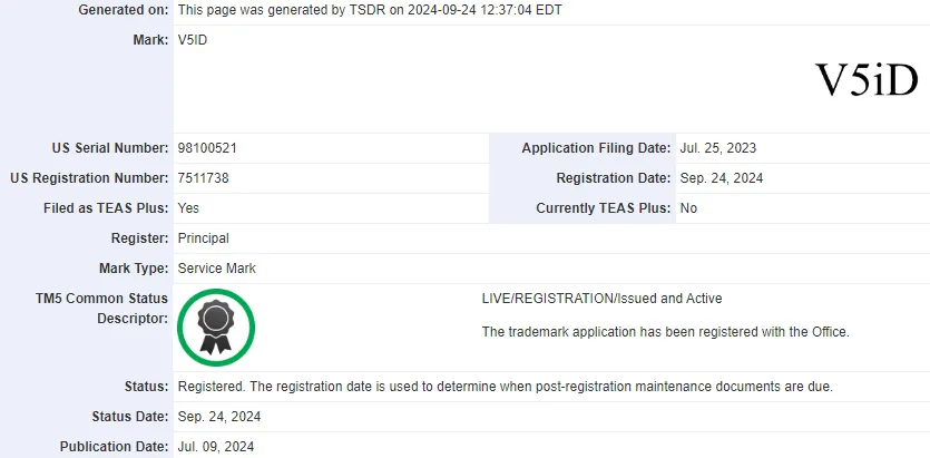 Exciting News: V5iD® Receives Registered Service Mark