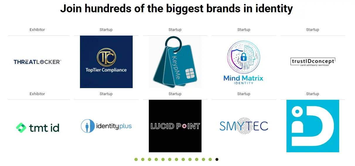 Identity Week America 2026 exhibitor lineup highlighting V5iD and other identity, biometrics, fraud prevention, and digital trust solution providers.
