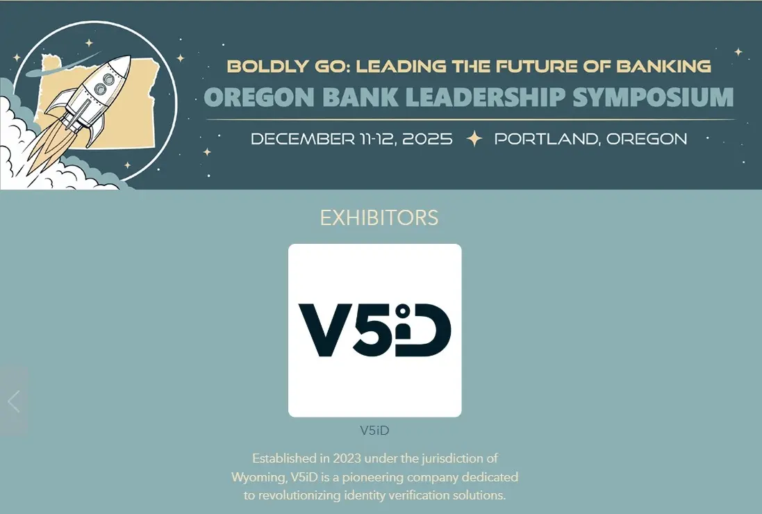 Banner for the Oregon Bank Leadership Symposium 2025 with the V5iD® logo displayed in the Exhibitors section.