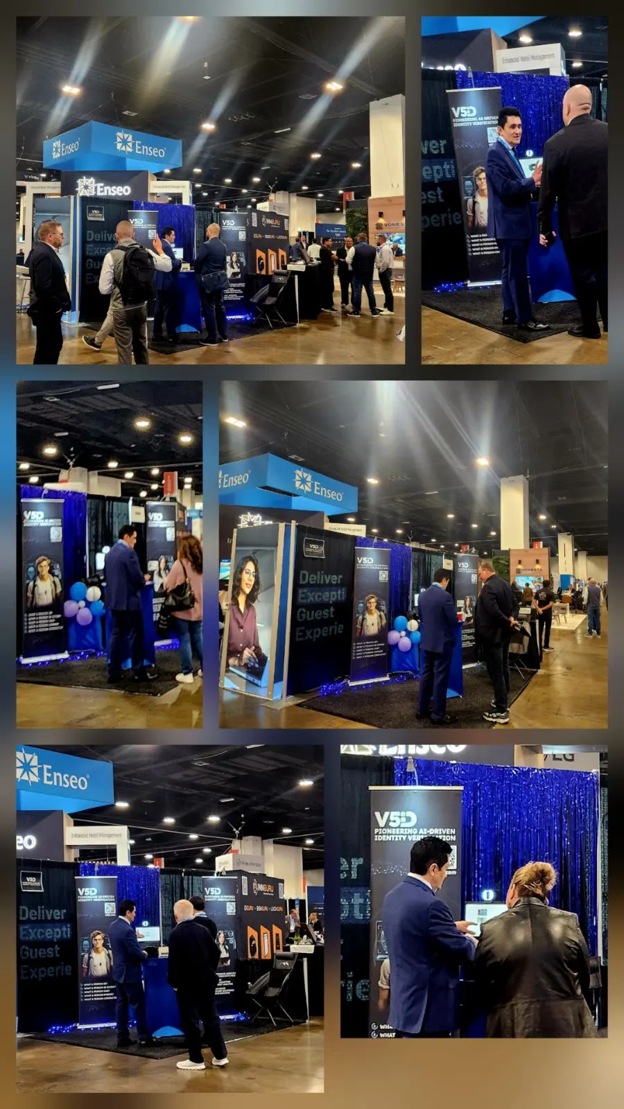 V5iD Booth Highlights: AI-Driven Identity Verification Demos and Networking Moments at The Hospitality Show 2025 in Denver, CO Collage of V5iD booth scenes at The Hospitality Show 2025, showcasing AI-driven identity verification kiosks, professional demos, team engagements with attendees, blue banners on pioneering solutions, LED accents, and dynamic interactions on the convention floor.
