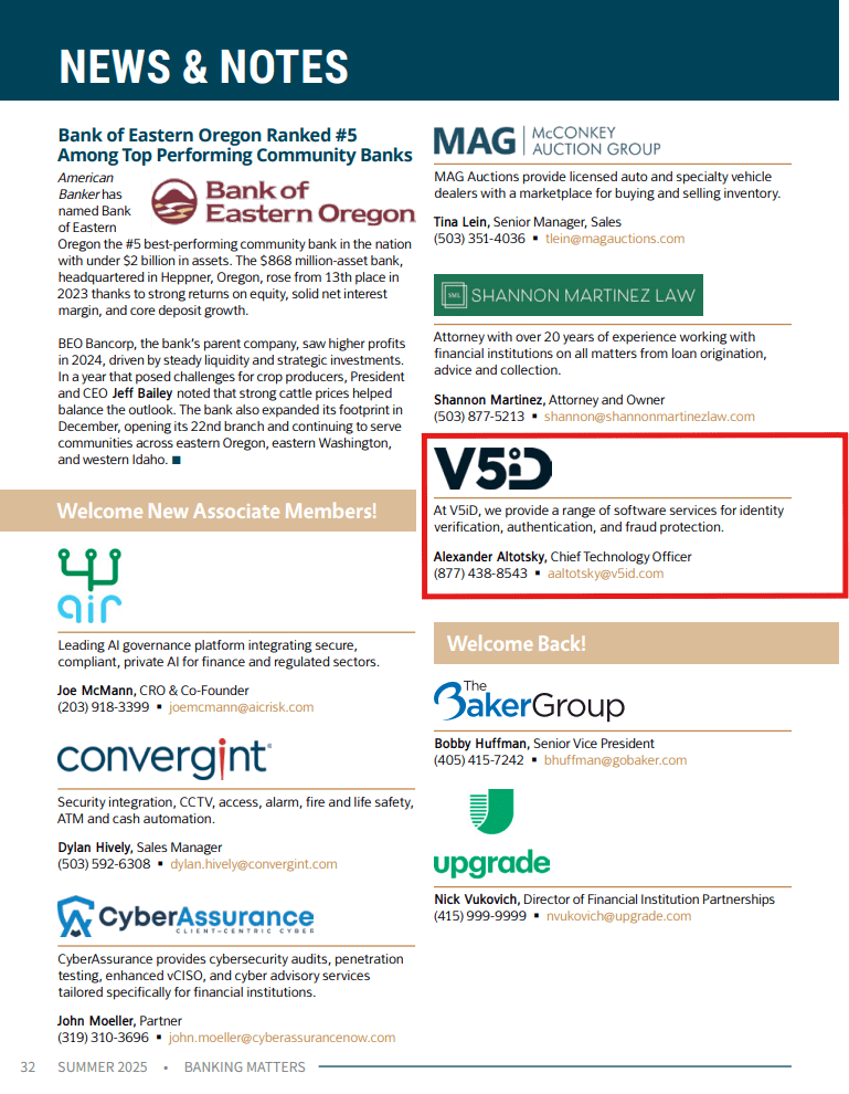 Magazine page from Banking Matters – Summer 2025 highlighting V5iD’s identity verification, authentication, and fraud protection solutions for the banking industry.