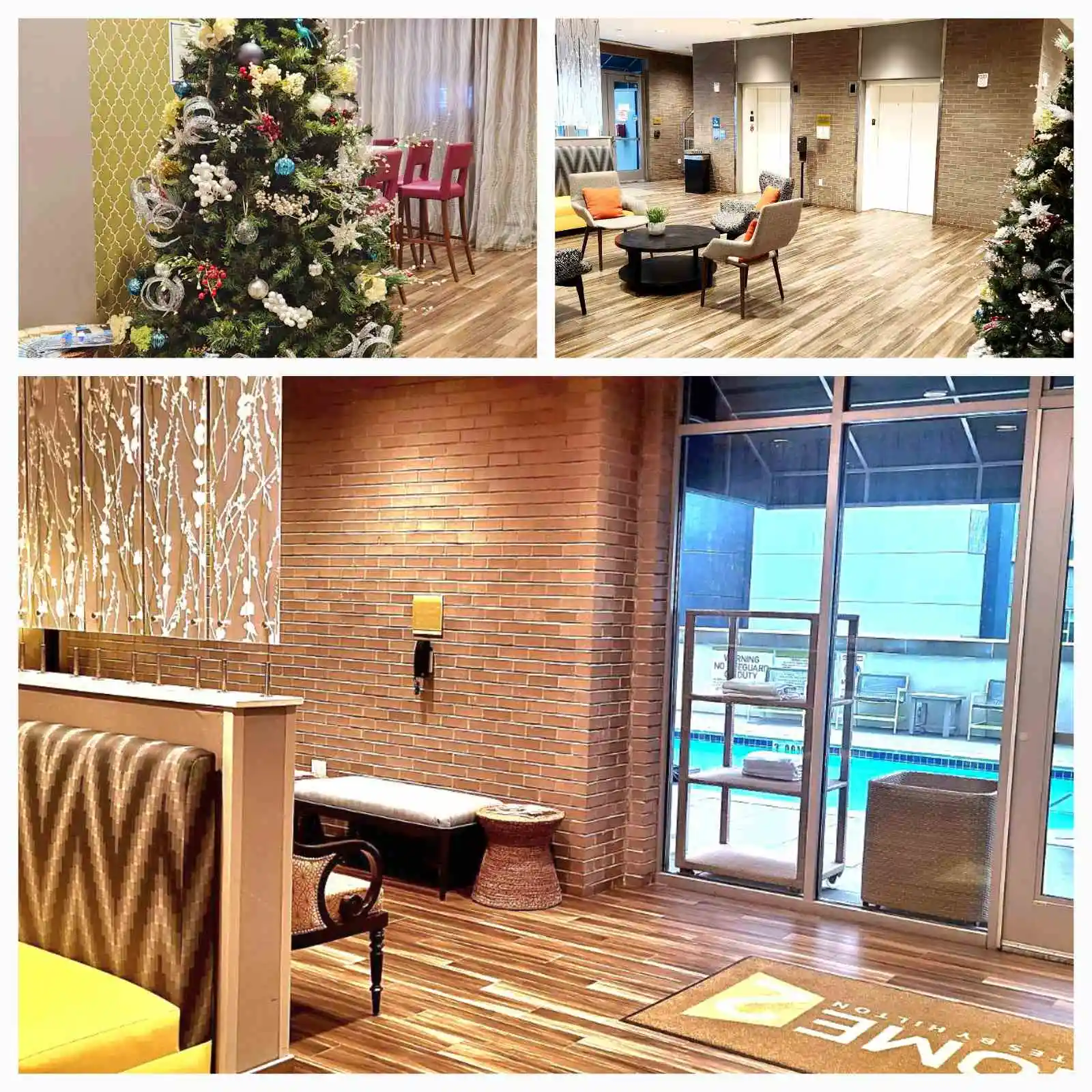 Interior of Home2 Suites Charlotte Uptown with seating areas, holiday decor, and a pool view