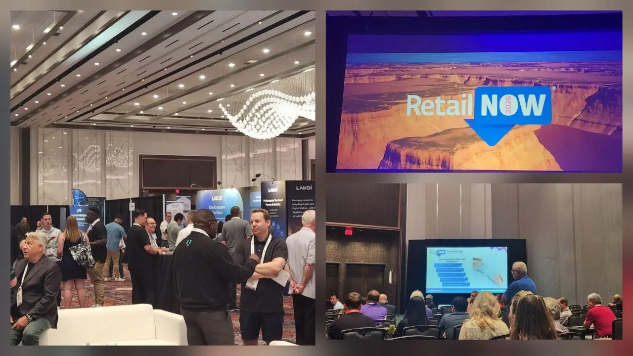 V5iD networking and sessions at RSPA RetailNOW 2026 expo floor and stage Collage from RSPA RetailNOW 2026 at Caesars Forum showing the busy expo floor with attendees networking near booths, the main stage screen displaying the RetailNOW 2026 logo over a desert landscape, and a conference session with the audience watching a presentation on innovation.